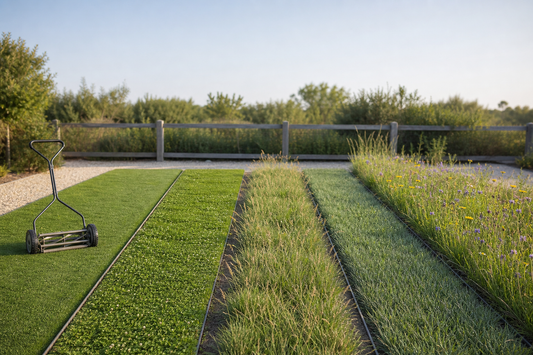 Side‑by‑side comparison plots showing EcoSeed fine fescue, Low Grow No‑Mow, Ultimate Clover, and a Meadowscaping mix, each cut at its suggested mow height with labels.