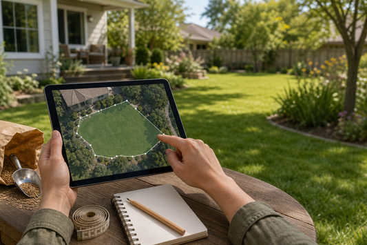 Homeowner tracing a lawn boundary on an interactive web map to calculate square footage before ordering seed