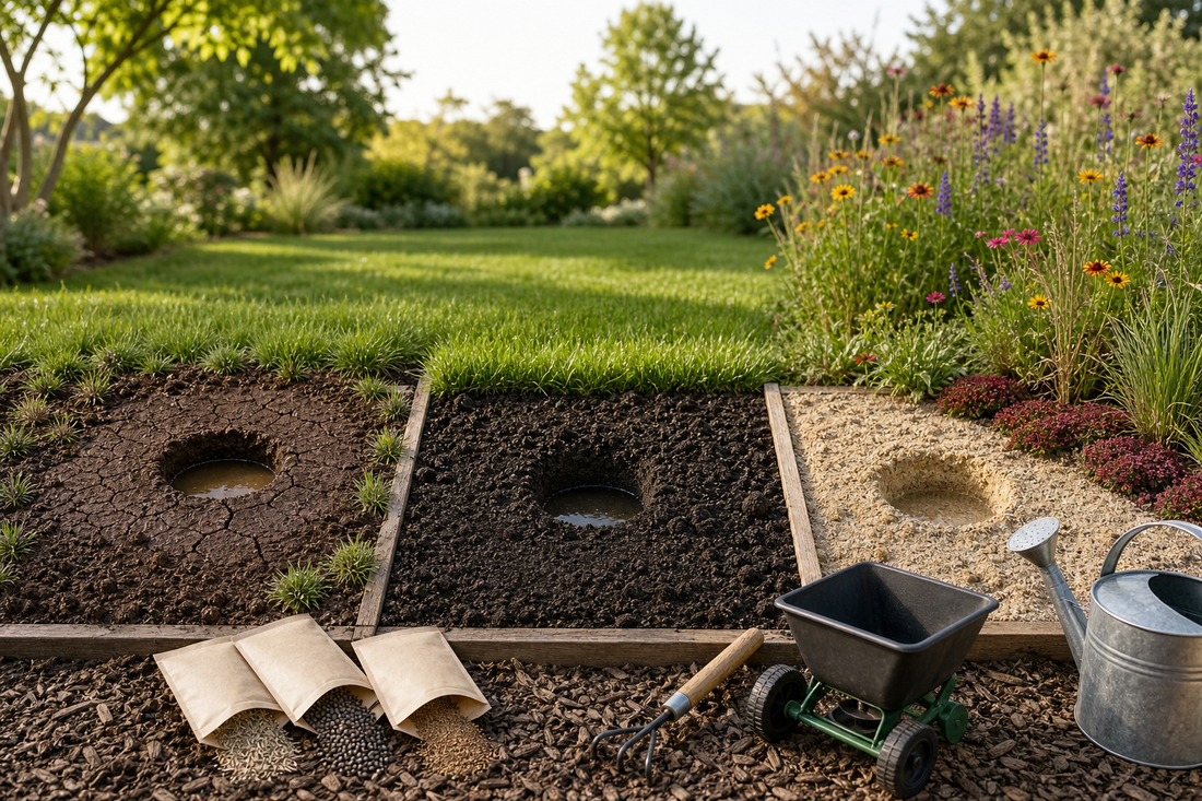Three clear jars showing settled layers of clay, loam, and sandy soil beside a simple backyard percolation test with measured water infiltration.