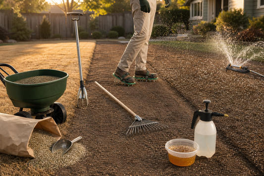 Homeowner using a sod cutter to strip an old lawn while the new seedbed and irrigation hose are staged nearby