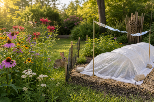 Close-up of a newly seeded wildflower bed protected with lightweight mesh next to blooming native flowers visited by a bee.