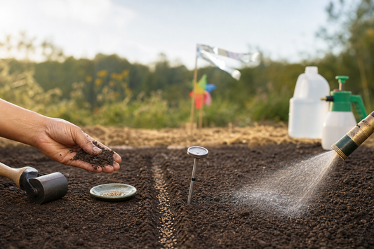 Close-up of a homeowner’s hand checking seed-to-soil contact on a firm, evenly moist seedbed with a few new sprouts emerging
