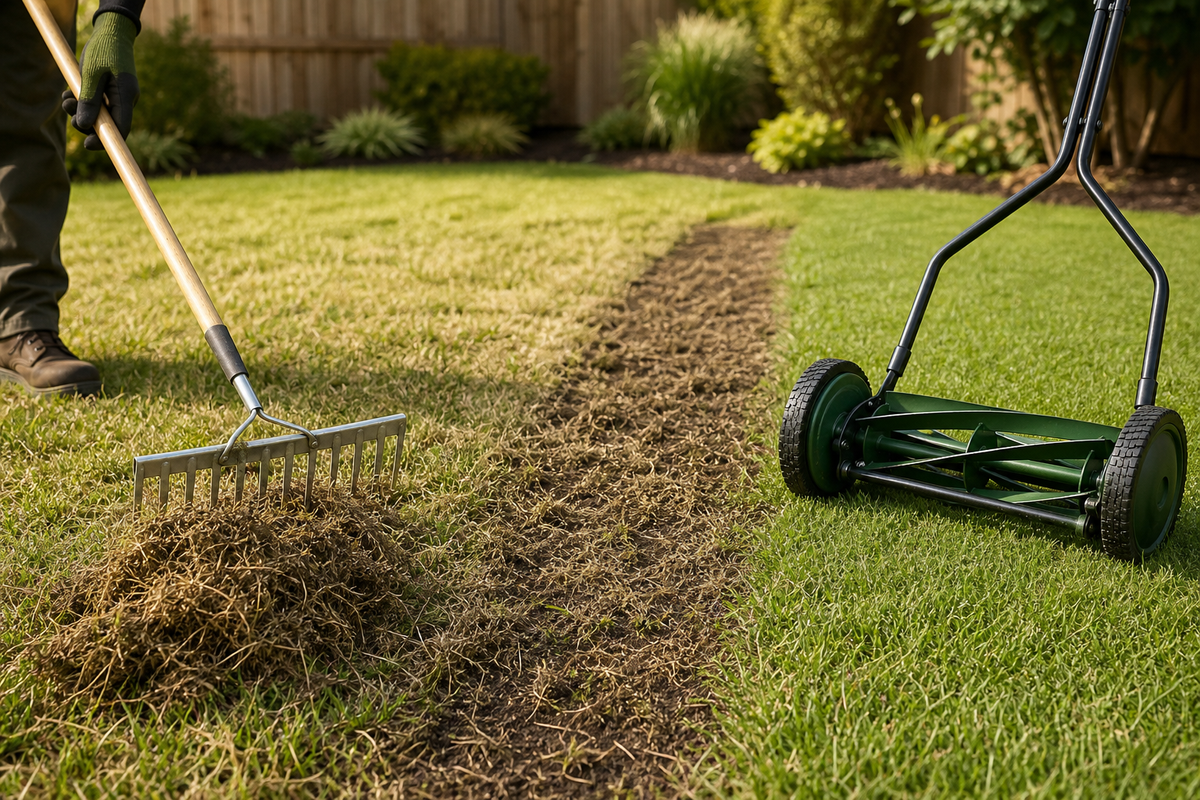 Homeowner checking a lawn’s thatch layer with a hand trowel while a rake and mower sit nearby.