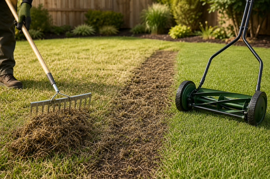 Homeowner checking a lawn’s thatch layer with a hand trowel while a rake and mower sit nearby.