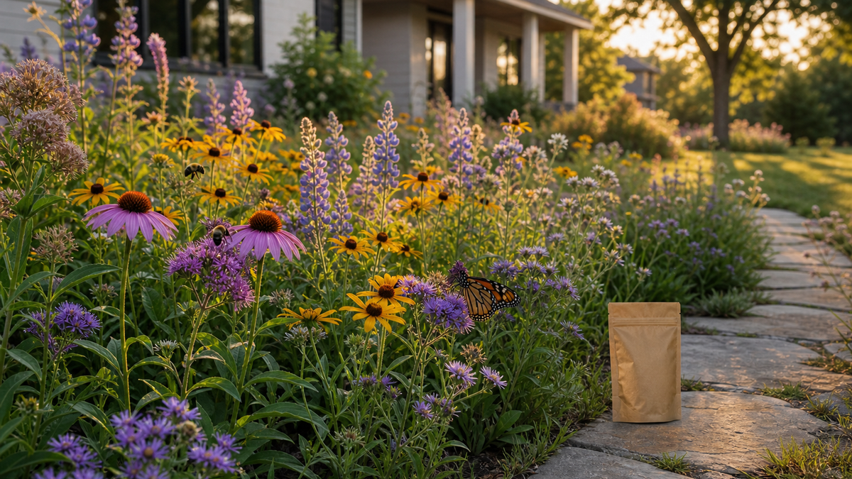 A homeowner comparing two seed bags—one labeled Regional Native Mix with local species listed, the other a Generic Wildflower Mix with vague contents—next to a blooming native mead