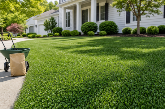 A neat, low-mow fine fescue and microclover lawn in a suburban HOA neighborhood with a clean curb edge and uniform green color.