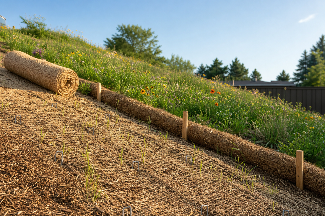 A fine‑textured fescue and clover slope stabilized with native grasses on a sunny hillside, showing dense cover and minimal soil erosion
