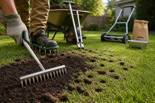 Homeowner using a manual core aerator on a small backyard lawn, with light compost topdressing brushed into the holes.