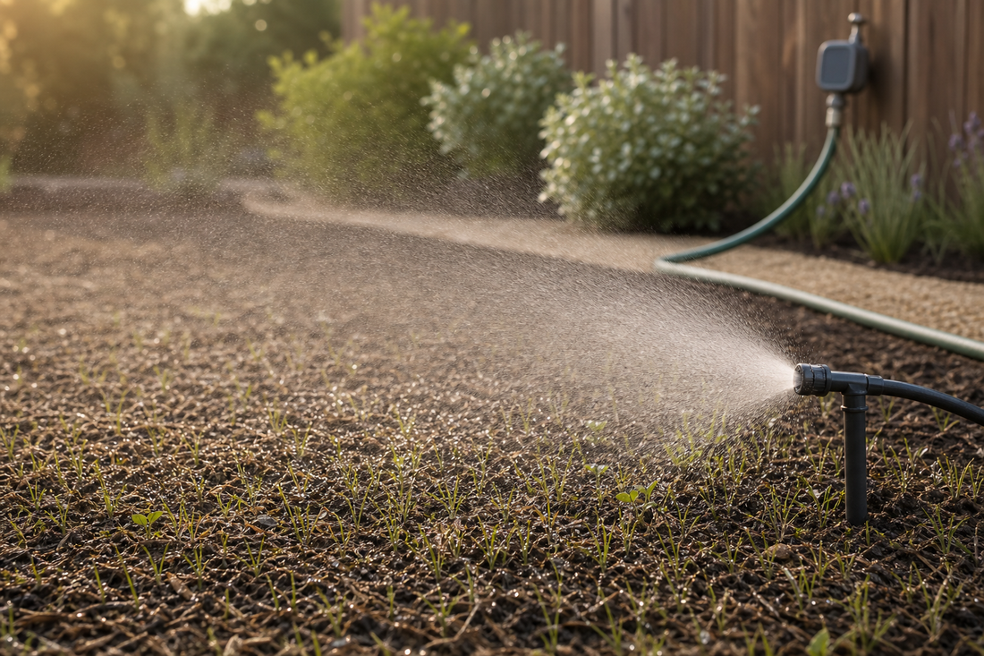 Close view of a homeowner using a hose with a gentle spray to lightly mist newly seeded native lawn during a short micro‑cycle watering session