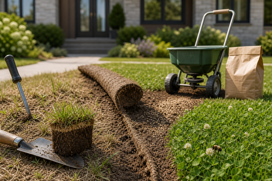 Homeowner inspecting a patchy lawn with bare soil, thatch wedge, and flags marking areas for full replacement versus overseeding