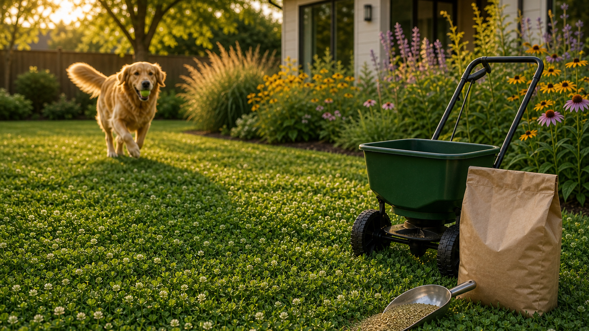 A playful dog on a durable clover‑and‑tall fescue lawn next to a tidy microclover‑and‑fine fescue lawn, both green and low‑maintenance.