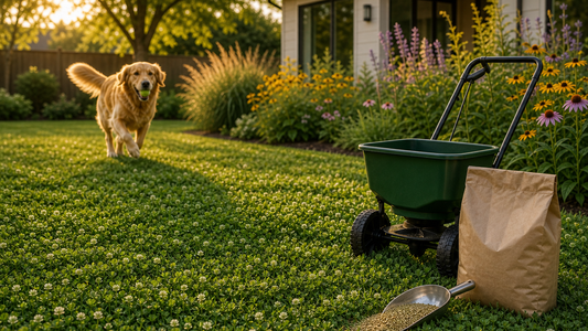 A playful dog on a durable clover‑and‑tall fescue lawn next to a tidy microclover‑and‑fine fescue lawn, both green and low‑maintenance.