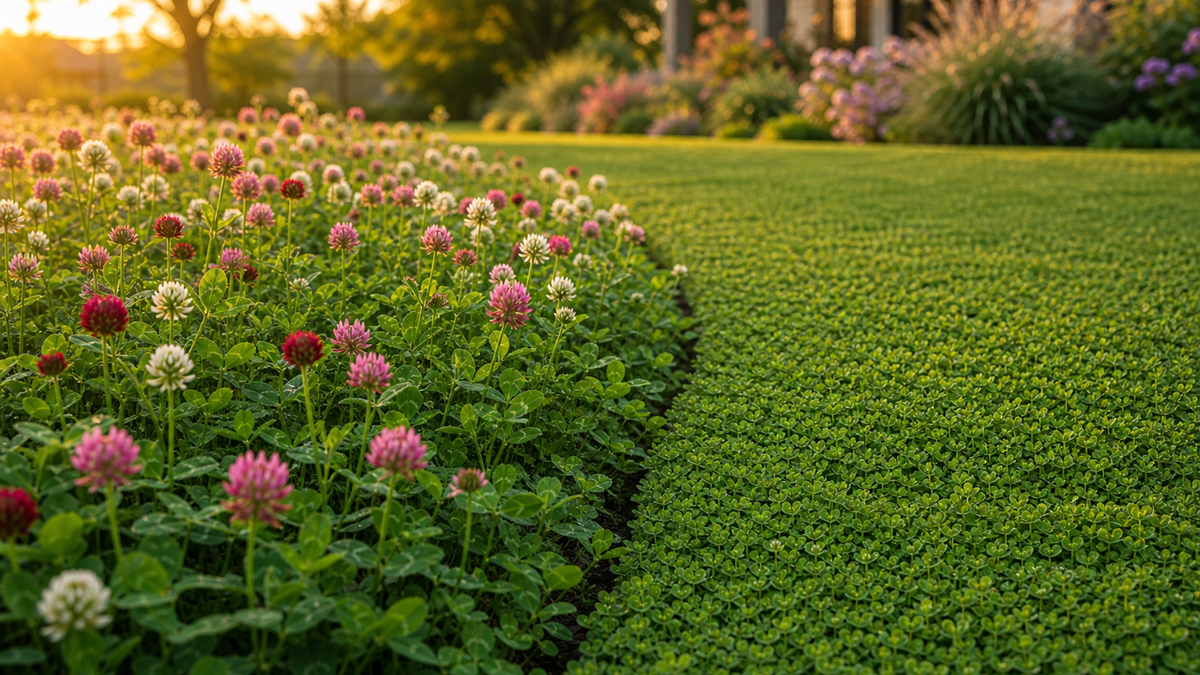Close view of a neat microclover lawn transitioning into a blooming Tri‑Clover patch with white, pink‑purple, and crimson flowers along a garden path.