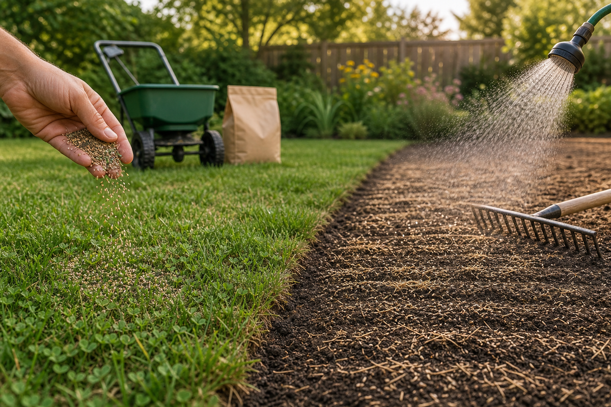 Side-by-side yard showing overseeding into an existing lawn on the left and new seedlings on prepared bare soil on the right, with a hand spreader in the foreground.