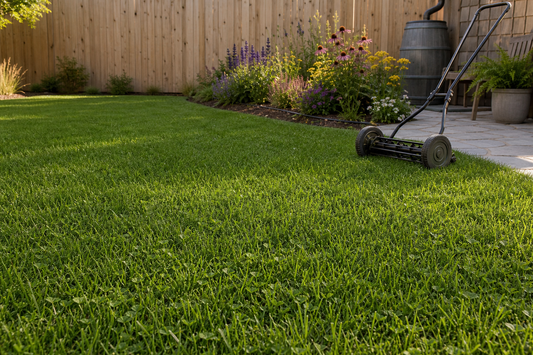 Close view of a low‑mow fine fescue and microclover lawn with tidy edges near a front walk, shown pre‑bloom to minimize allergens.