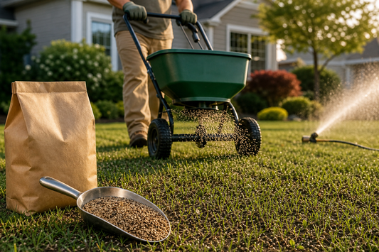Homeowner using a drop spreader to overseed into a closely mown lawn, with visible soil showing between grass blades.
