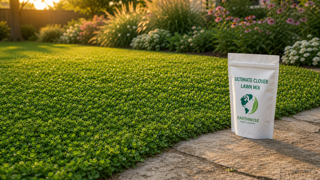 Close-up of a homeowner’s front yard half planted in microclover‑grass and half in pure white clover, with a simple push mower in the background.