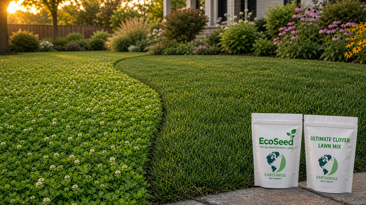A welcoming front yard split down the middle: left is a fine-textured EcoSeed fescue lawn kept neat; right is a low clover lawn dotted with small white blooms and a playful dog pat
