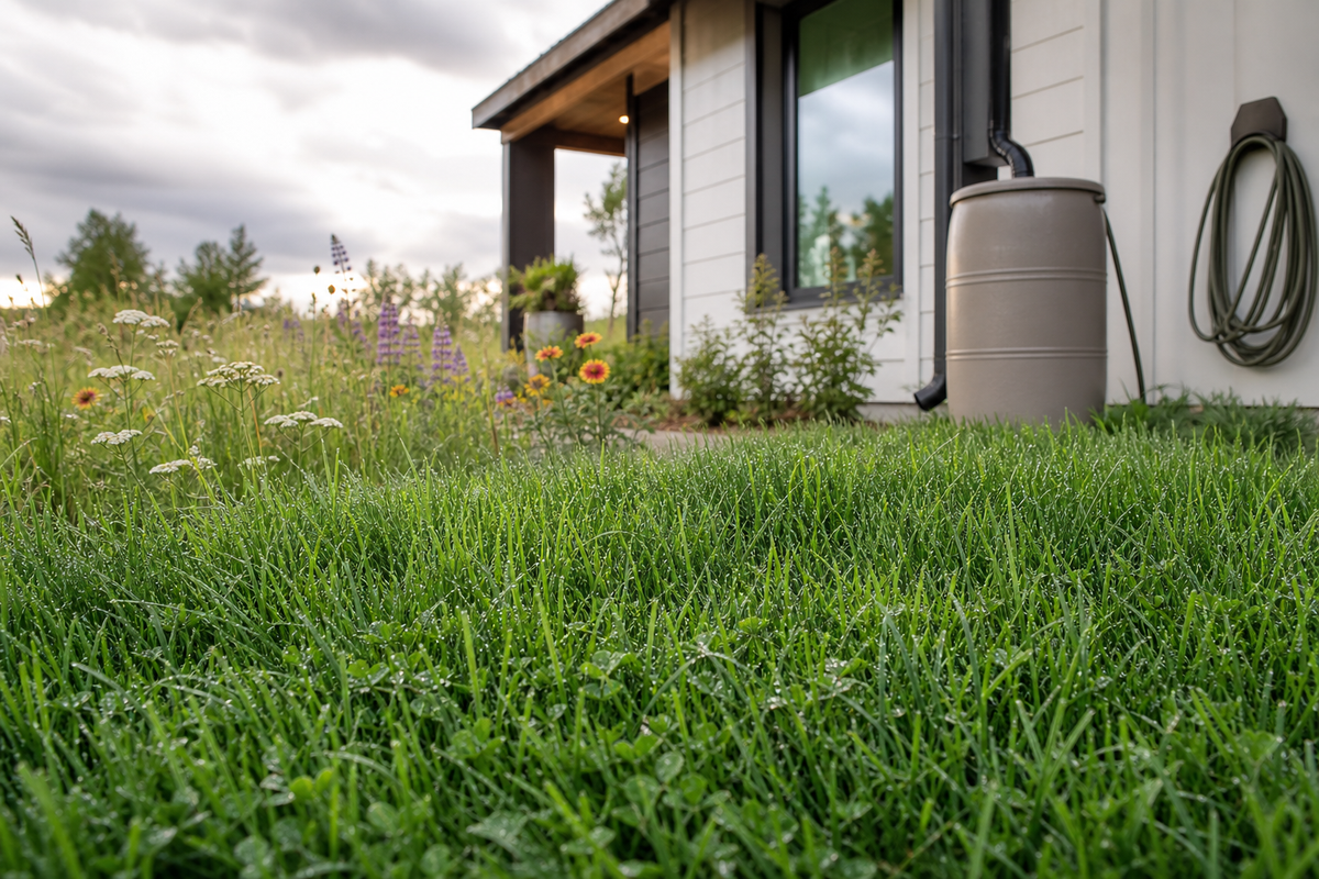 Close-up of a newly established native lawn with clover accents, dew on blades, and a hose coiled off to the side—signaling irrigation is no longer needed after establishment.