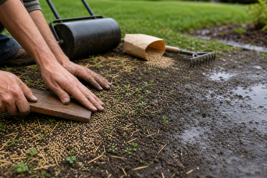 Home lawn the morning after a thunderstorm: puddles, faint seed tracks, and a homeowner gently pressing seed back into moist soil with a board.