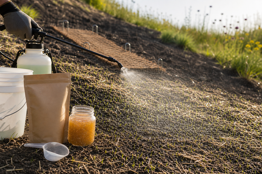 A sunny hillside just seeded and lightly mulched; close‑up shows seed held in place with tackifier after watering.