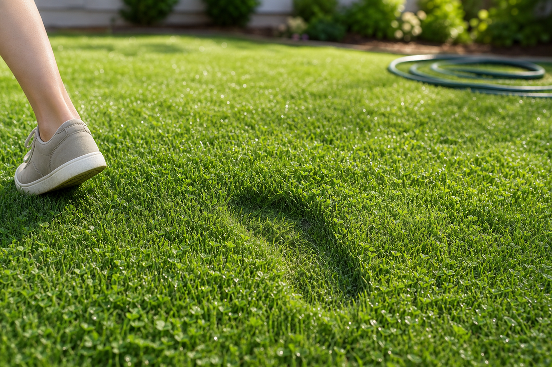 Homeowner performing a footprint test on a spring lawn while holding a hand screwdriver for a follow‑up soil check