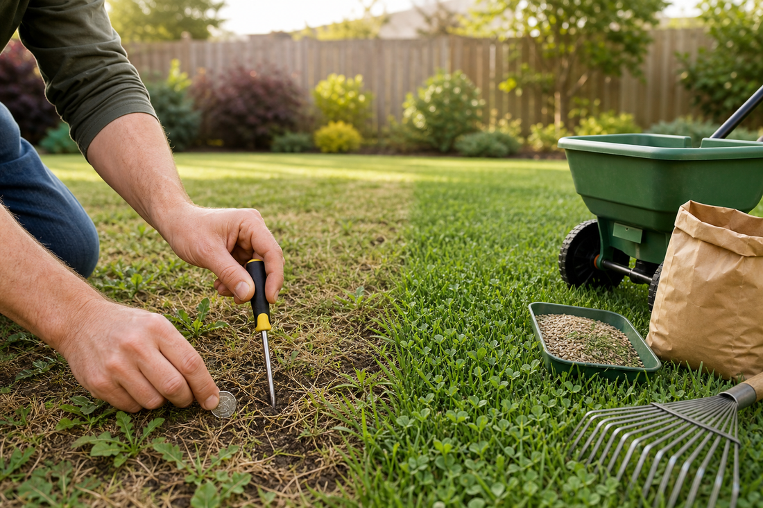Homeowner kneeling with a hand trowel and seed spreader, checking thatch depth and grass density to decide between overseeding and starting fresh.