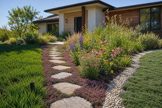 Illustrated U.S. climate regions 1–7 with callouts to native lawn, meadow, and low‑mow seed picks layered over a backyard scene.