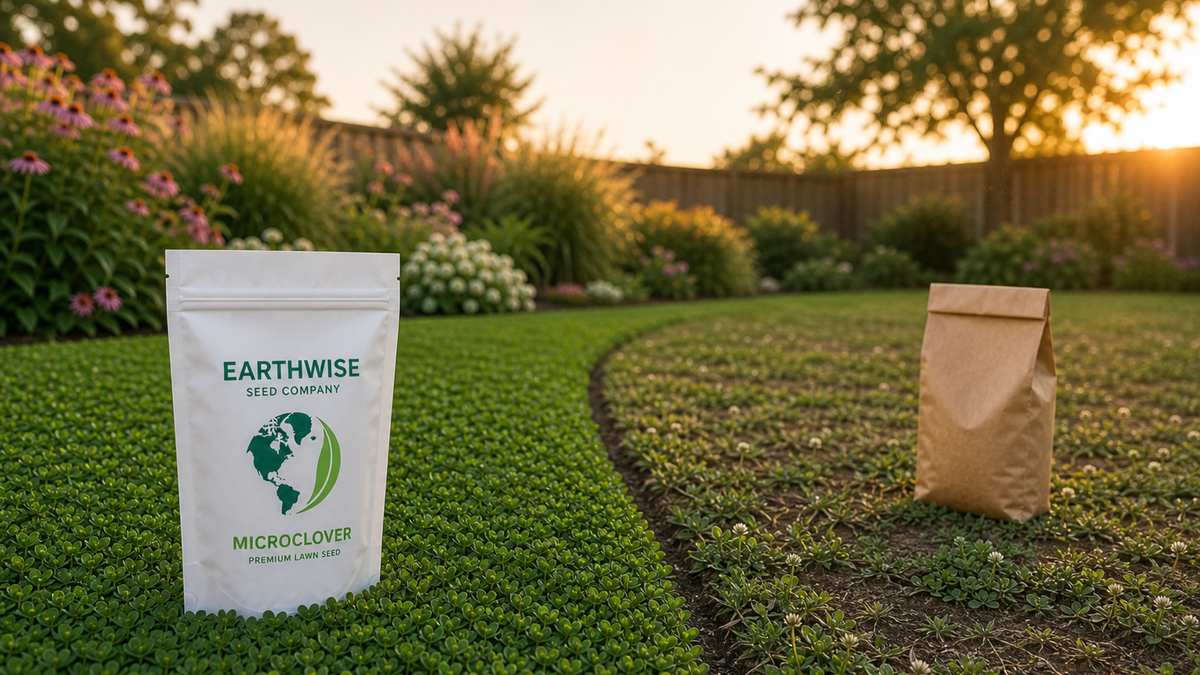 Side-by-side backyard panels comparing a pure microclover lawn and a microclover-plus-fescue blend, with callouts for coverage and purity.