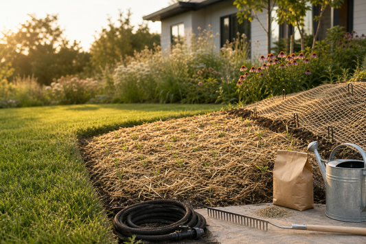 Home lawn project under a temporary watering ban: newly seeded area protected with light mulch and flagged, with mature trees and a shaded border.
