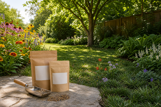 Backyard with patchwork of full sun, dappled light beneath trees, and a shaded side yard, labeled to show how different Earthwise seed mixes fit each zone.