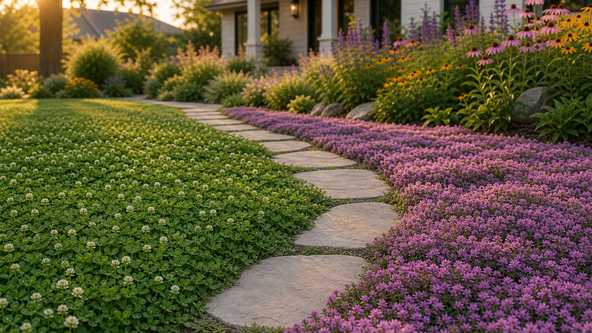 Barefoot step on a dense microclover lawn next to a sunny strip of blooming red creeping thyme, showing texture and traffic use.