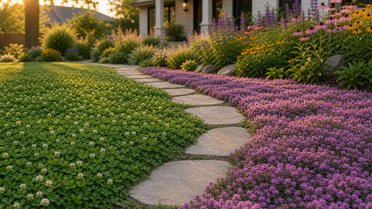 Barefoot step on a dense microclover lawn next to a sunny strip of blooming red creeping thyme, showing texture and traffic use.