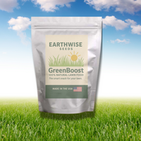 Earthwise Seeds GreenBoost lawn food package on grass with a blue sky background